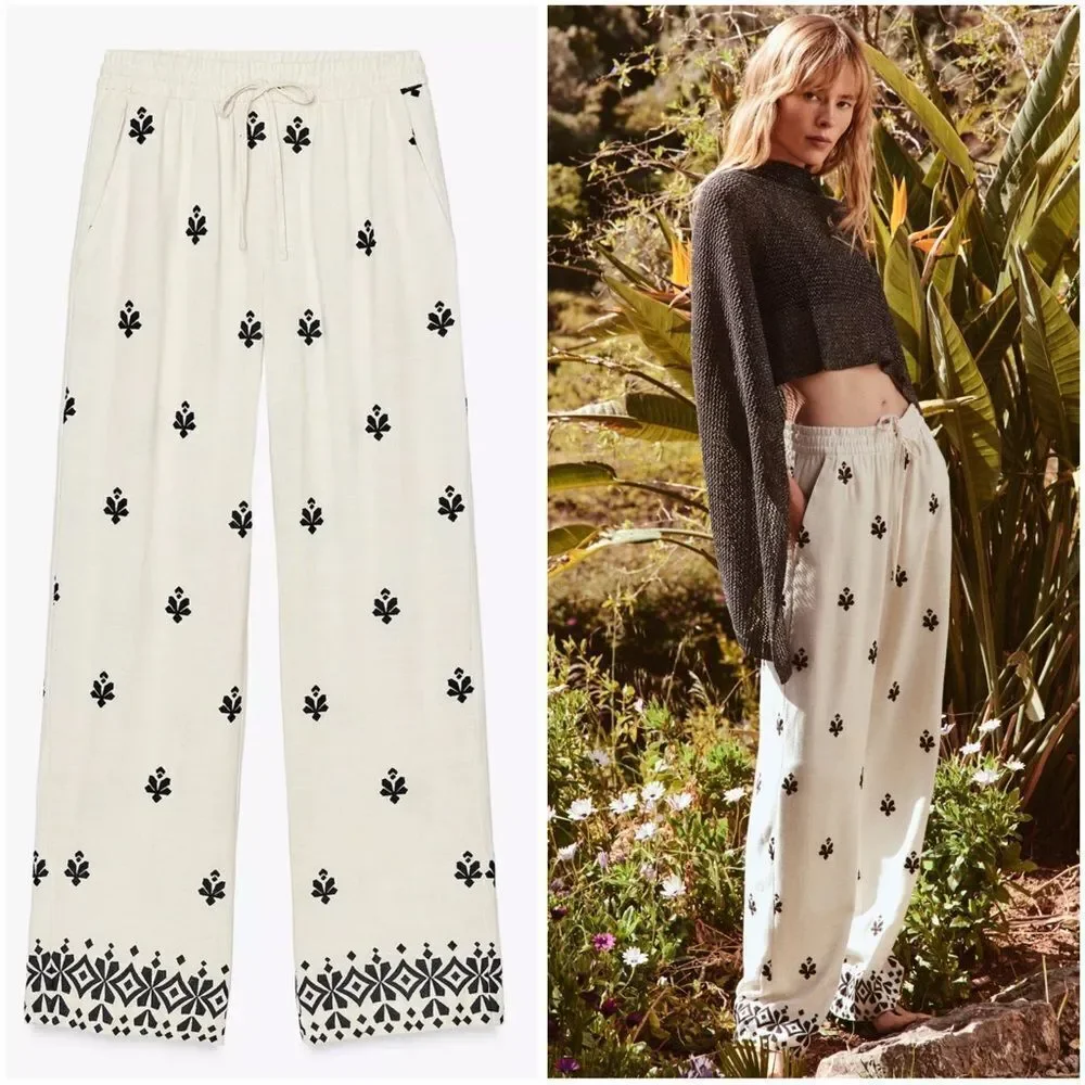 Zara Embroidered Wide Leg Pants New